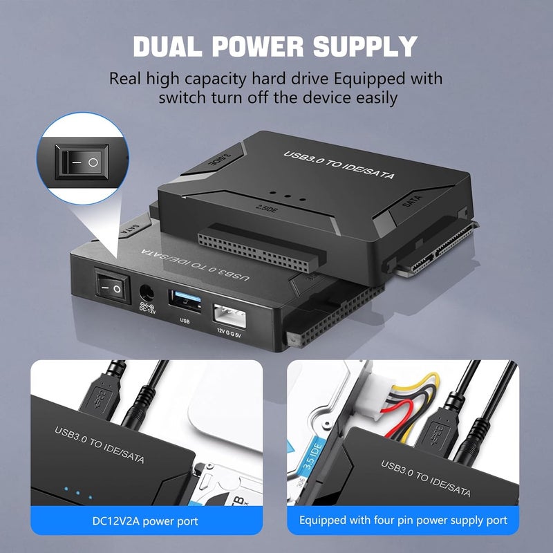 MaxRenard Hard Drive Reader USB 3.0 to SATA/IDE Adapter | Universal External Hard Drive Reader & Data Recovery Converter Kit for 2.5"/3.5" HDD/SSD | with 12V/2A Power Supply - Image 5